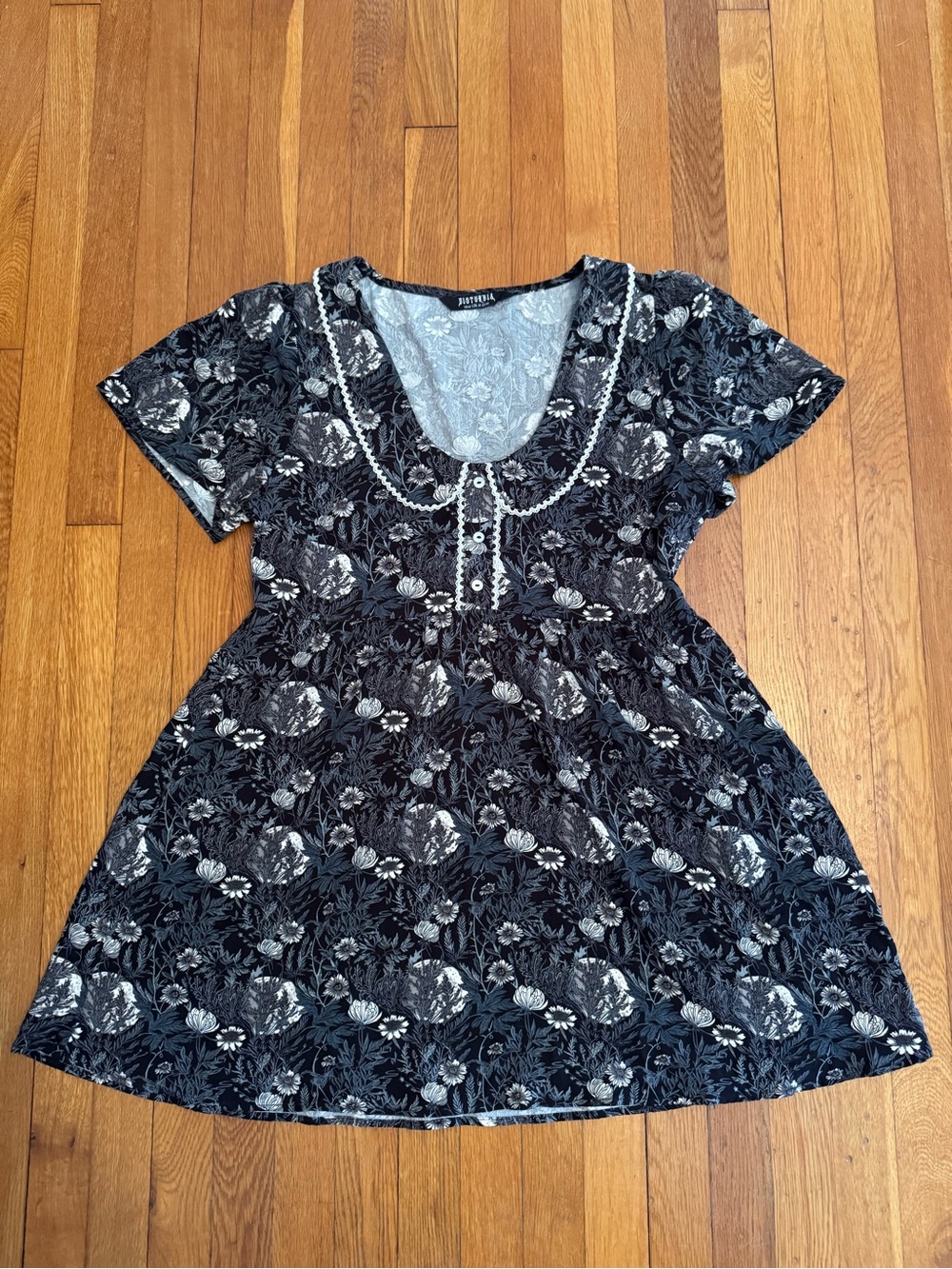 Disturbia Black Floral Mini Dress with White Accents
